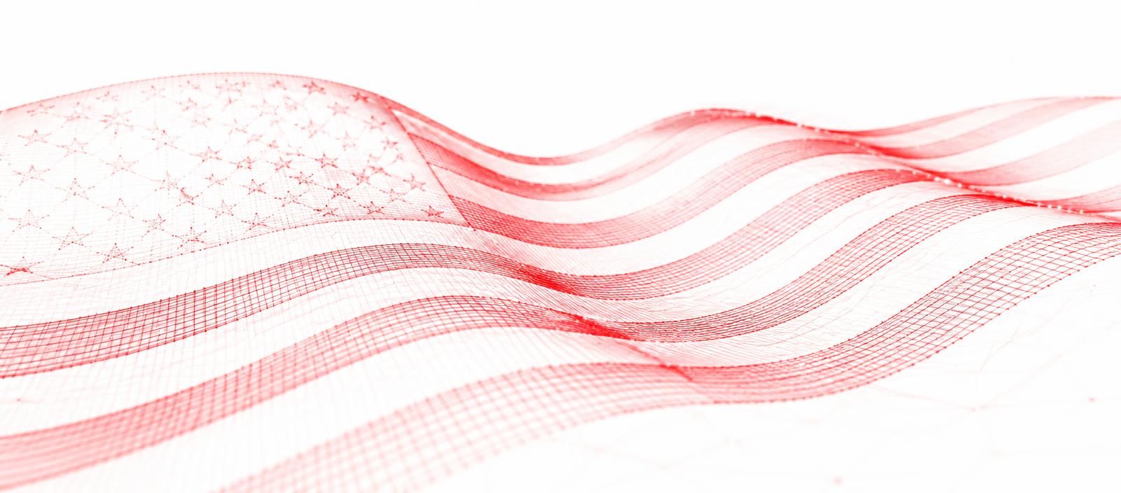 Wireframe American flag made of red light lines